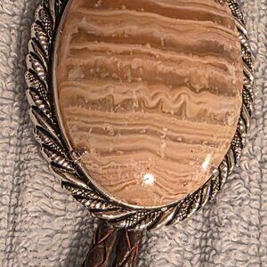 Vintage Metal Bolo Tie, Bennett, Nice Big Brownish White Stone Design with Strip